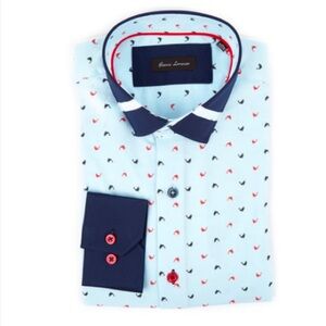 Gianni Lorenzo button-up men’s shirt in light blue with whale print long sleeves